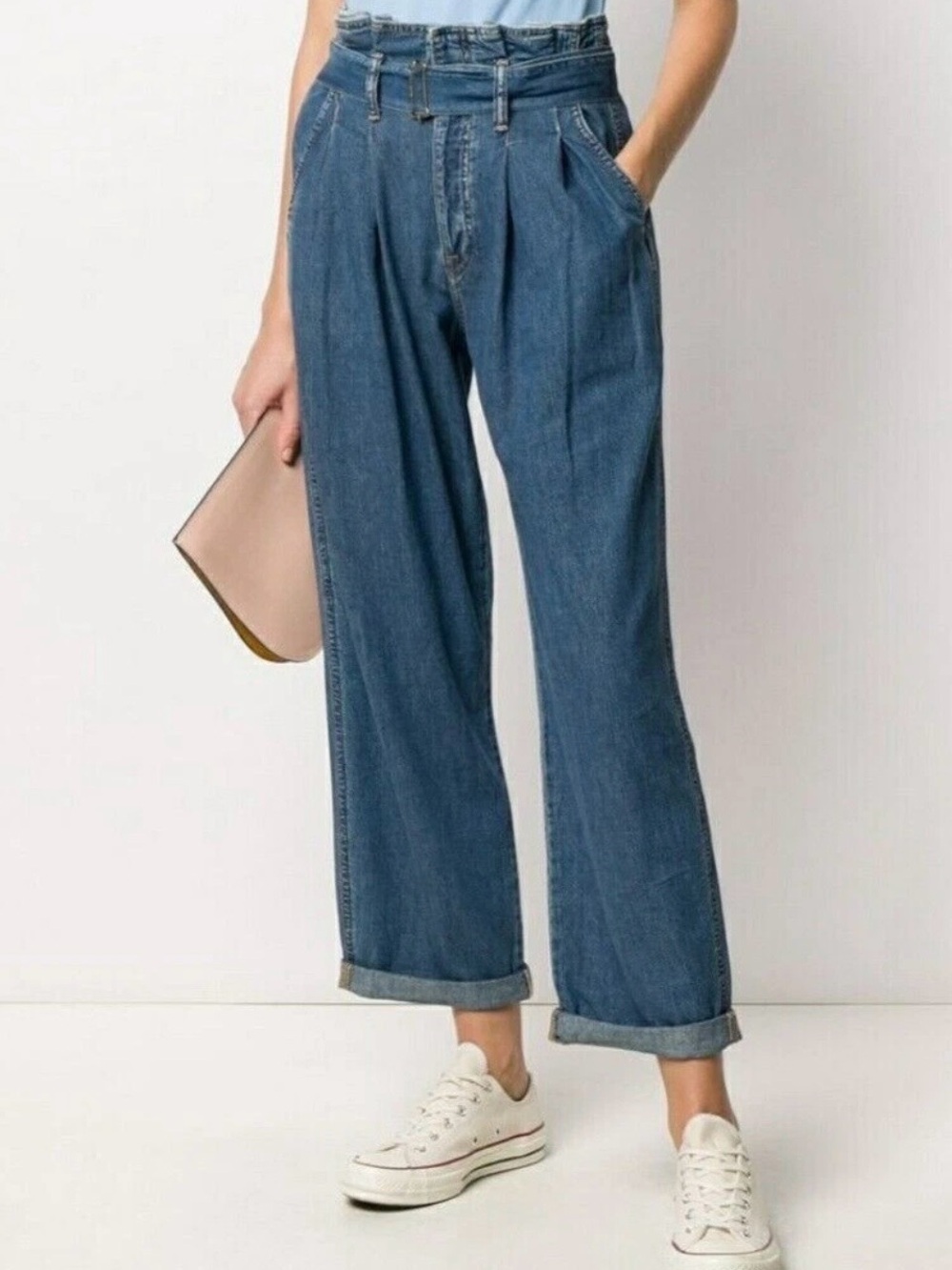 POLO Ralph Lauren Boyfriend wide leg denim Jeans Pleated Front belted waist 28 R